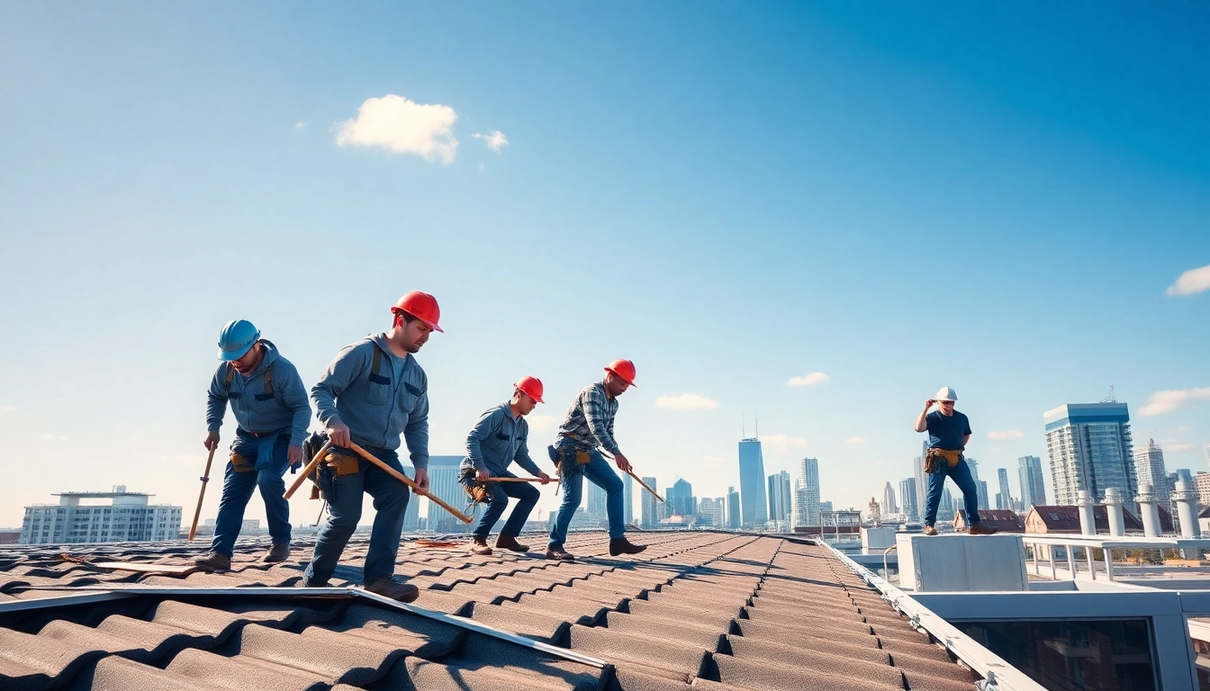 Roofers providing commercial roofing services on a modern building, showcasing expertise and professionalism.