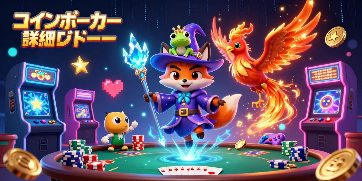 コインポーカー 詳細レビューでのポーカーテーブルとチップスタックを囲む幻想的なシーン。