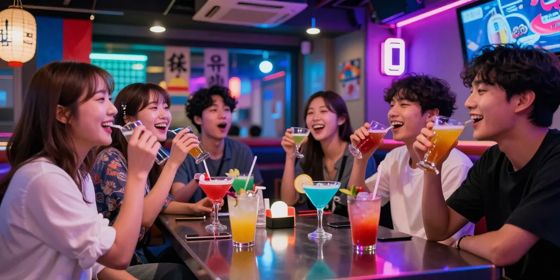 Experience the vibrant 제주유흥 culture in Jeju's lively karaoke bar, featuring neon lights and joyful gatherings.