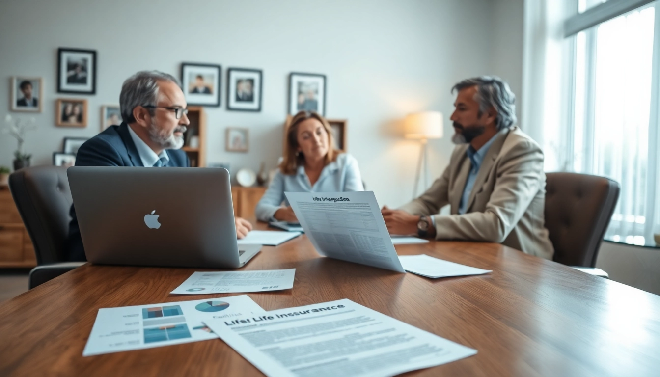 Discuss life insurance options with a professional agent in a welcoming office setting.