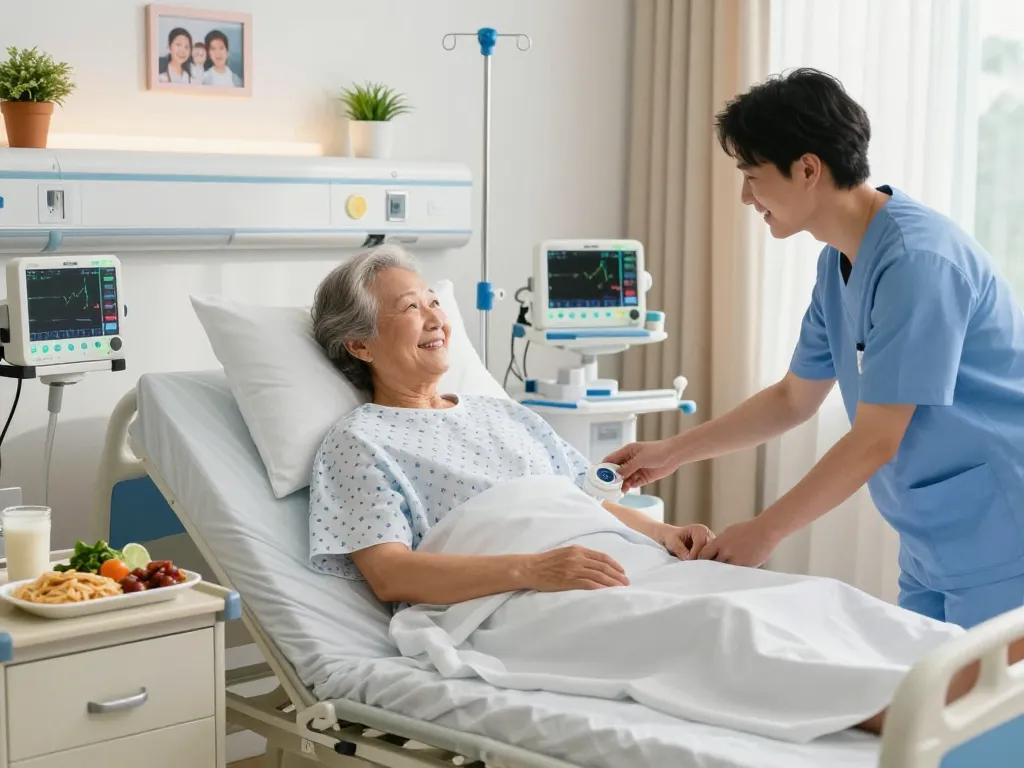 giường bệnh nhân in a warm hospital room, elderly patient smiling while caregiver adjusts bed settings, bright atmosphere
