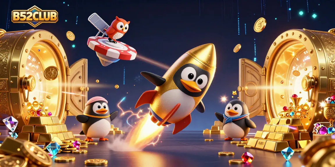 B52CLUB features a golden penguin and casino space station in this dynamic 3D illustration