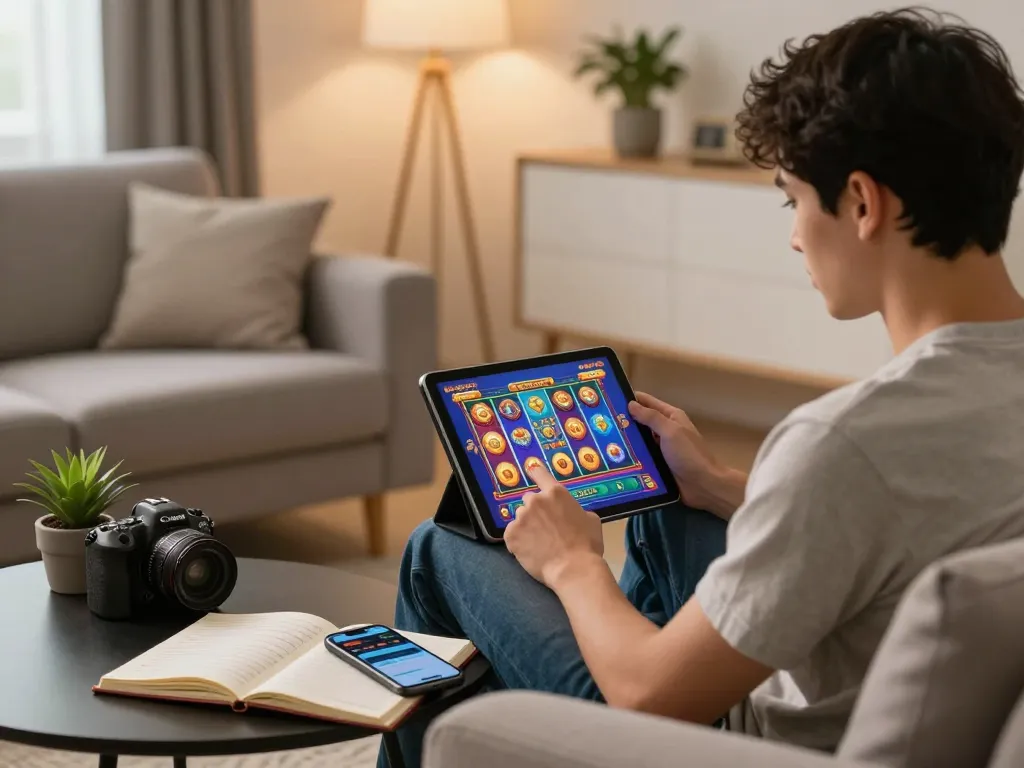 Engaging in casino online gratis senza registrazione gaming on a tablet in a modern living room setting.