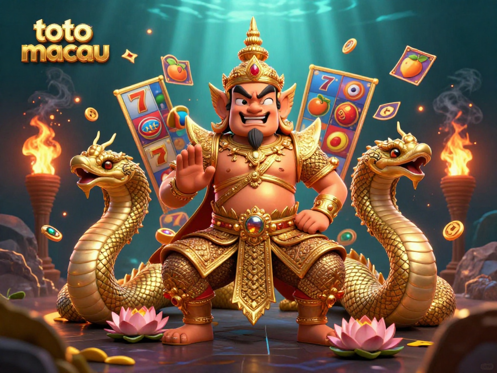 Spin the reels at toto macau, featuring vibrant slot symbols and a colorful guardian scene.