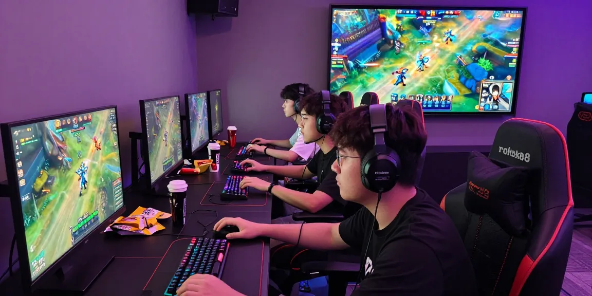 Competitive gaming scene with players engrossed in "rokok88," vibrant LED lights enhancing the energetic atmosphere.