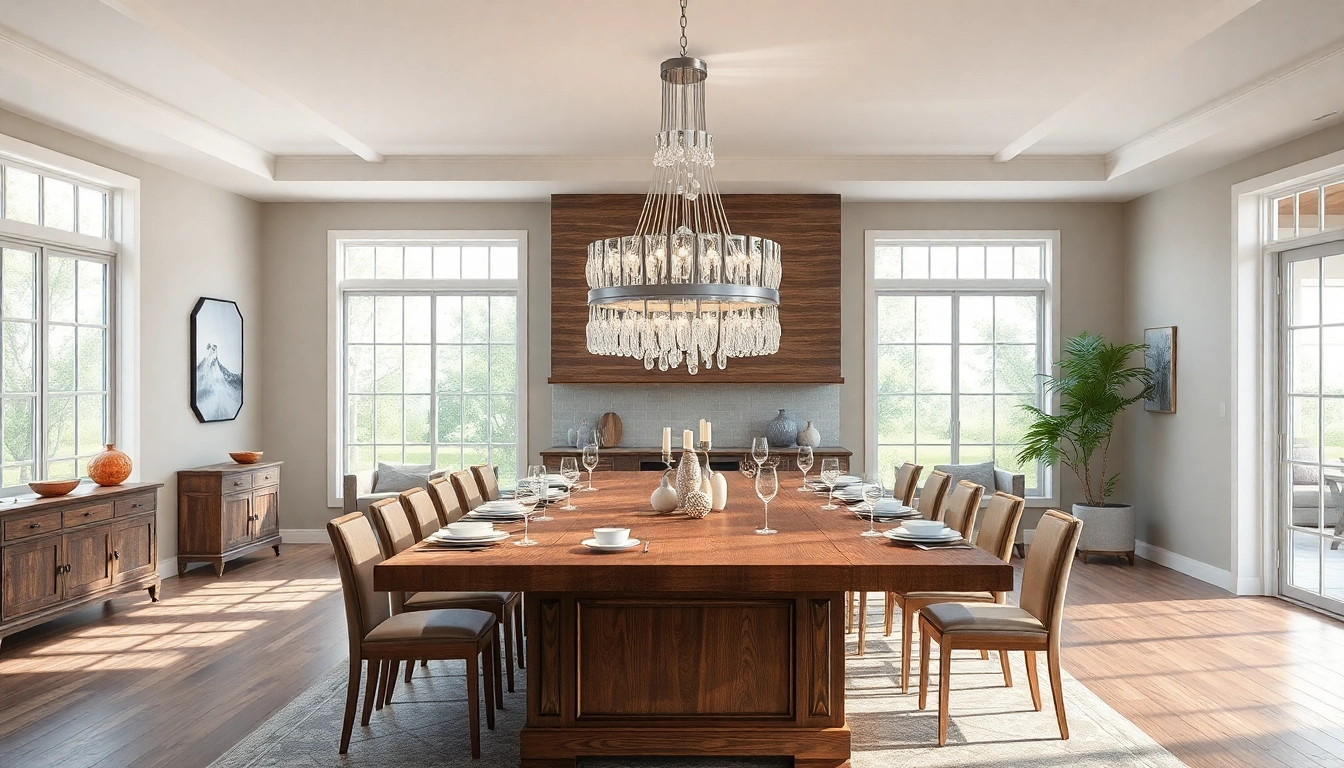 Elegant island chandelier illuminating a modern dining room with natural light.