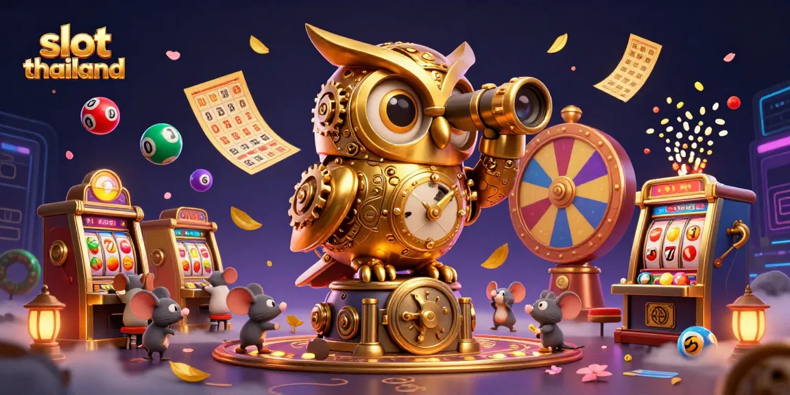 Spin the lucky slot thailand reels with our vibrant 3D casino illustration showcasing a whimsical golden owl and lively mice!
