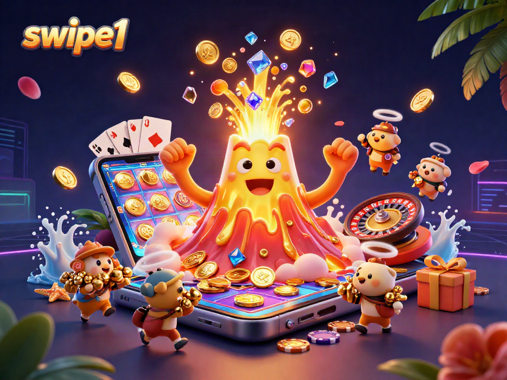 Play thrilling games at swipe1 with a winning volcano eruption and treasure-filled scene.