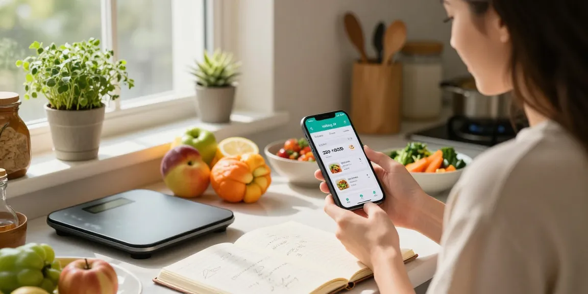 Youthful woman tracking her meal with the best calorie tracker app in a sunny kitchen.