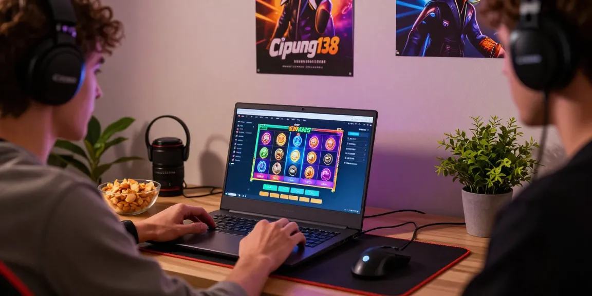 Pengguna cipung138 bermain permainan slot online di laptop dengan suasana nyaman.