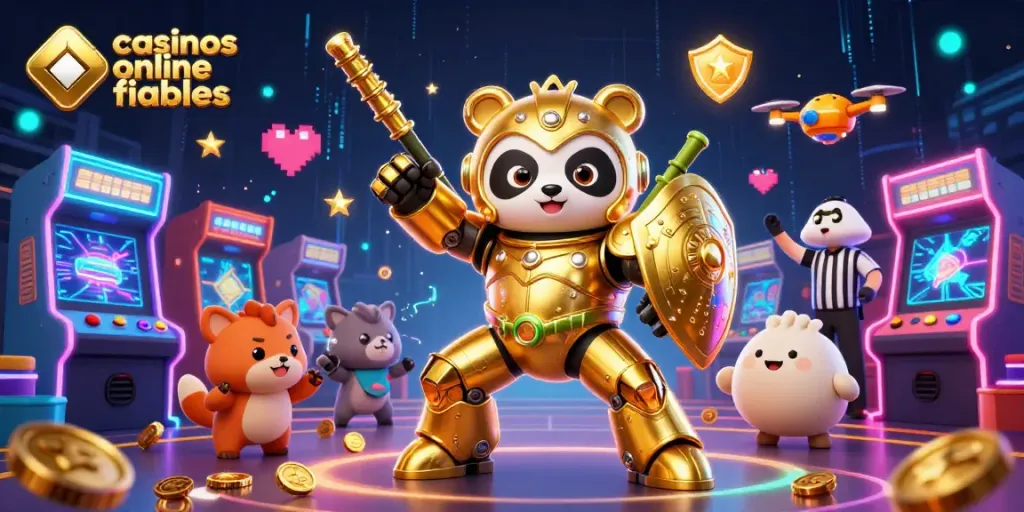 Explora los mejores casinos online fiables con un panda mecánico en un vibrante entorno de juego.