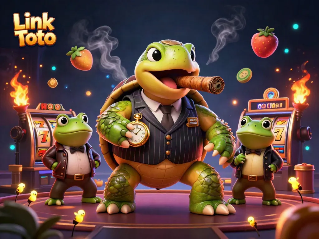 Permainan kasino di Link Toto dengan kura-kura besar dan pengawal kodok, menampilkan suasana hidup yang penuh energi.