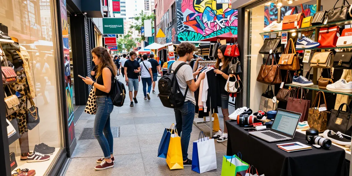 Stylish shopper exploring 레플리카 쇼핑몰 with vibrant fashion items in urban market