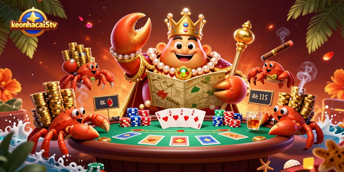 Engage in thrilling poker action with the keonhacai5tv crab emperor and his treasure map.