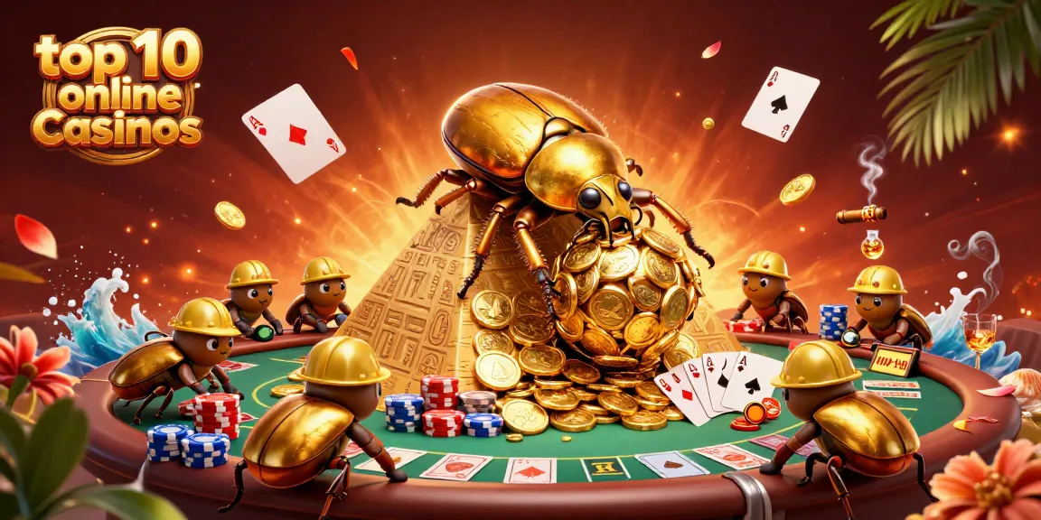 Engage with the top 10 online casinos through a vibrant 3D illustration featuring golden beetles and casino themes.