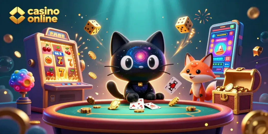 Gana en un casino online con una ilustración 3D vibrante de un gato y un zorro cósmico.