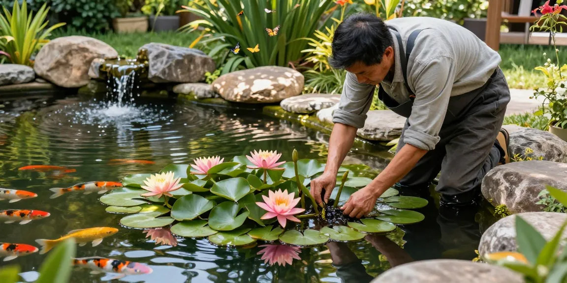 Buy Water Lilies in a tranquil pond scene with gardener planting vibrant water lilies surrounded by greenery and koi fish.