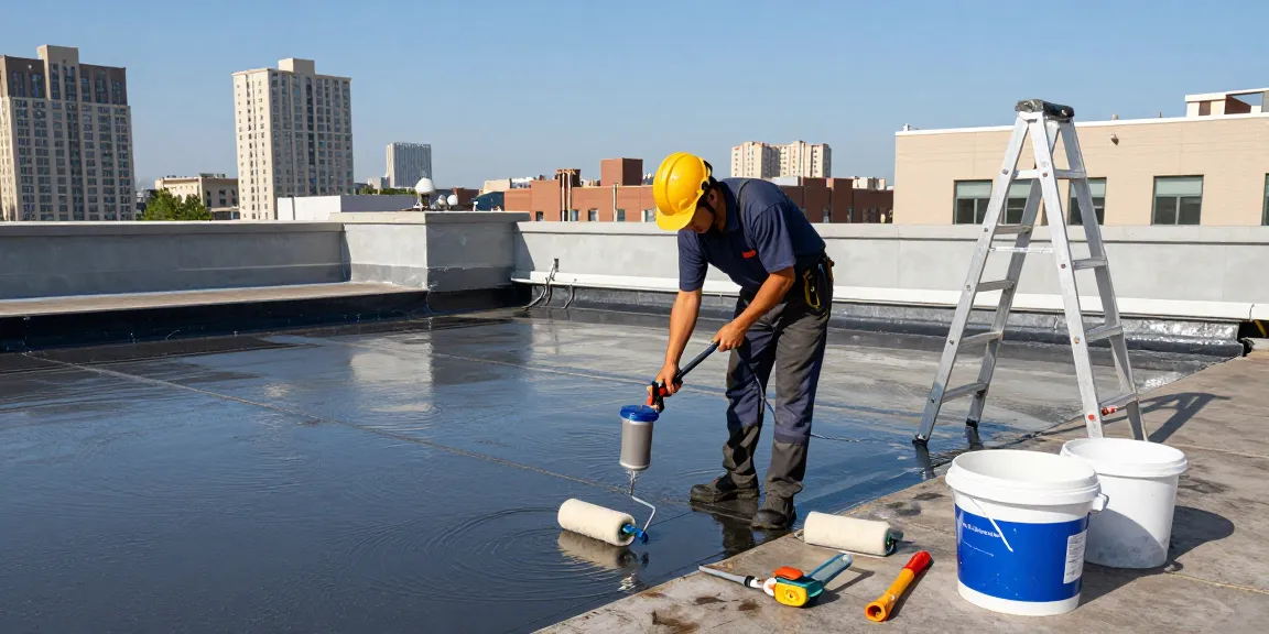 Roof waterproofing in action, professional applying sealant on a flat roof in an urban setting.