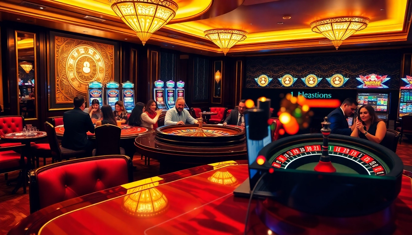 L'excitation du meilleur casino en ligne prend vie avec des joueurs aux tables de blackjack et une roulette lumineuse.