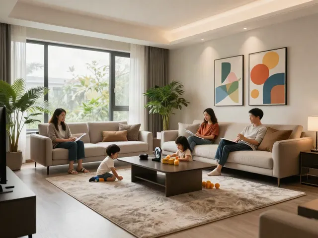 Interior rumah elegan dari merahtoto, menampilkan keluarga yang menikmati waktu bersama dalam suasana nyaman.
