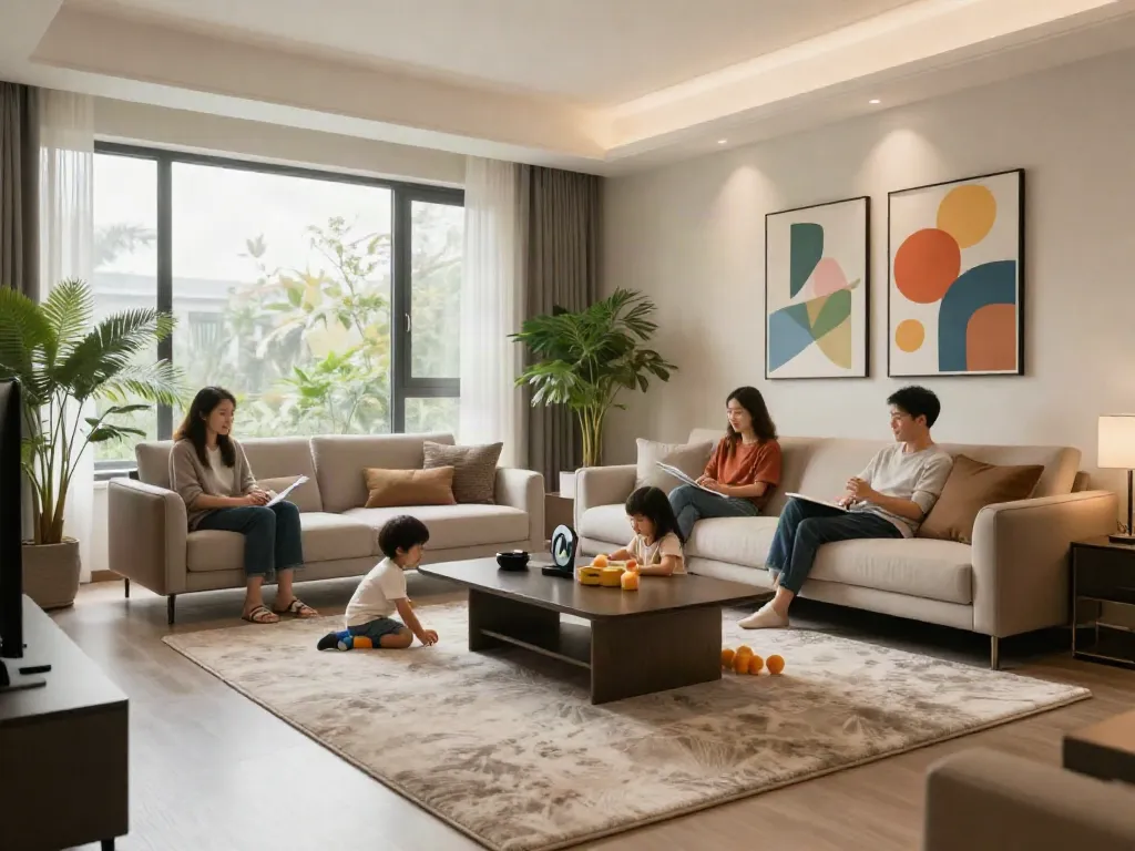 Interior rumah elegan dari merahtoto, menampilkan keluarga yang menikmati waktu bersama dalam suasana nyaman.