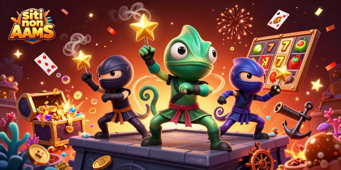 Siti non AAMS: esibizione di camaleonte ninja in pose di arti marziali su slot e tesori