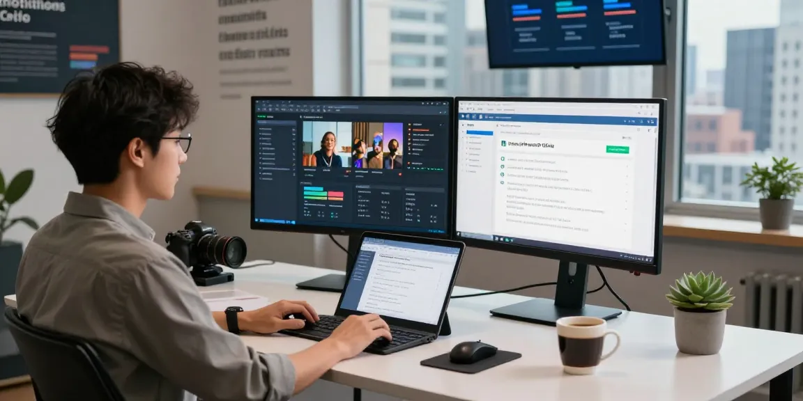 Detect AI images through advanced tools in a modern workspace with analytics displays.