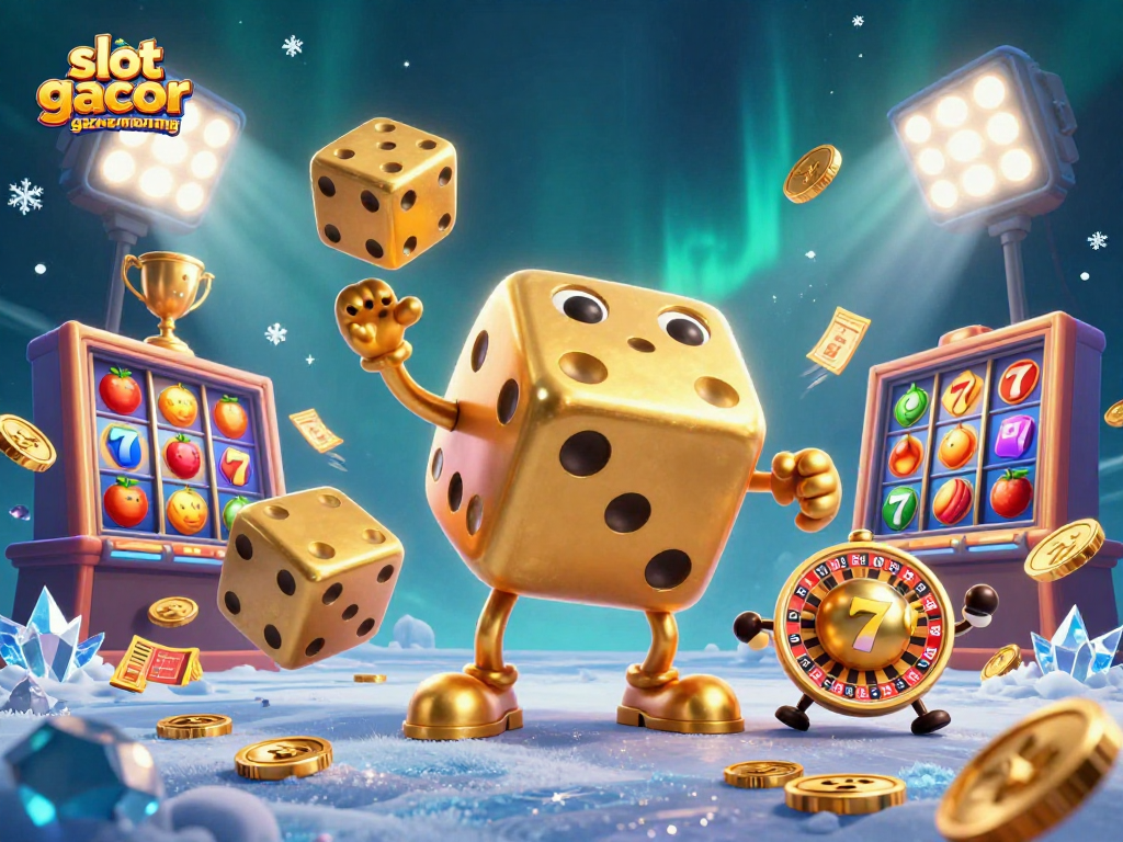 Engage in slot gacor gampang menang with dynamic 3D illustration showcasing colorful slots and jackpots.