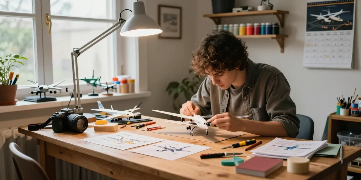 Model airplane building scene on a workbench, showcasing hobby creativity with tools.