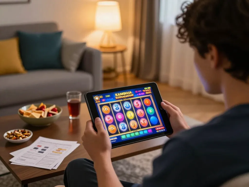 Engaged player enjoying the slot kamboja super gacor game on tablet at home.