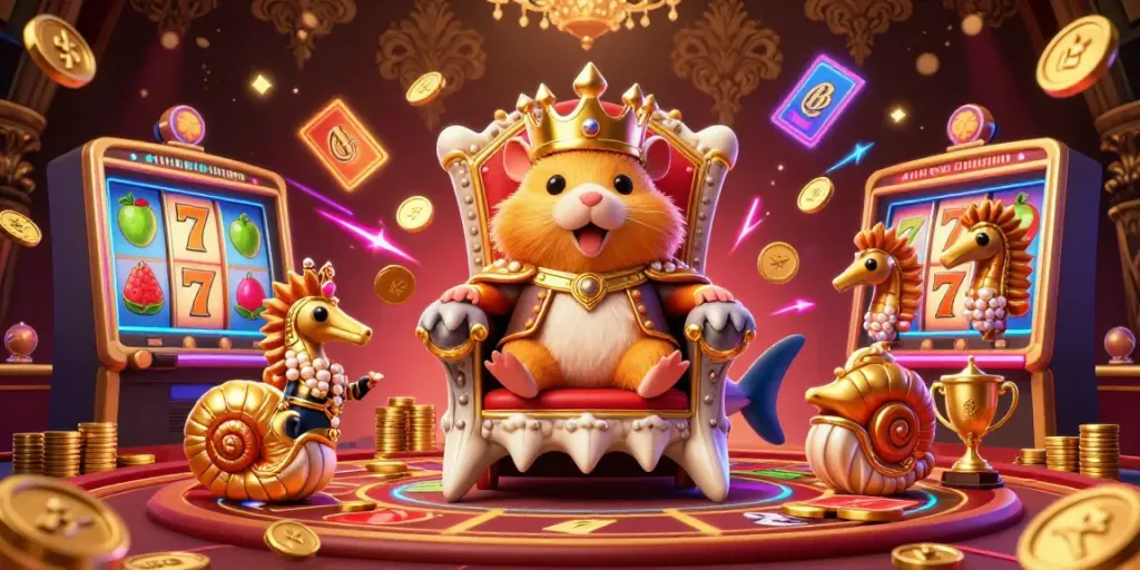 Menggoda pemain slot dengan raja hamster emas kecil di kursi megadolon, dikelilingi mesin slot dan ornamen yang berkilauan.