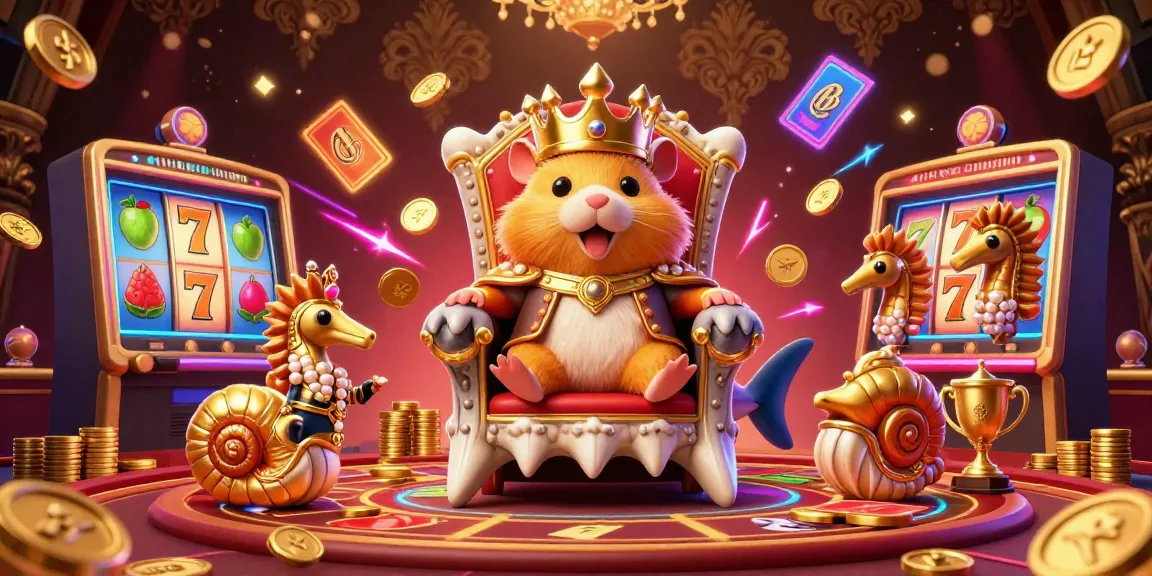 Menggoda pemain slot dengan raja hamster emas kecil di kursi megadolon, dikelilingi mesin slot dan ornamen yang berkilauan.