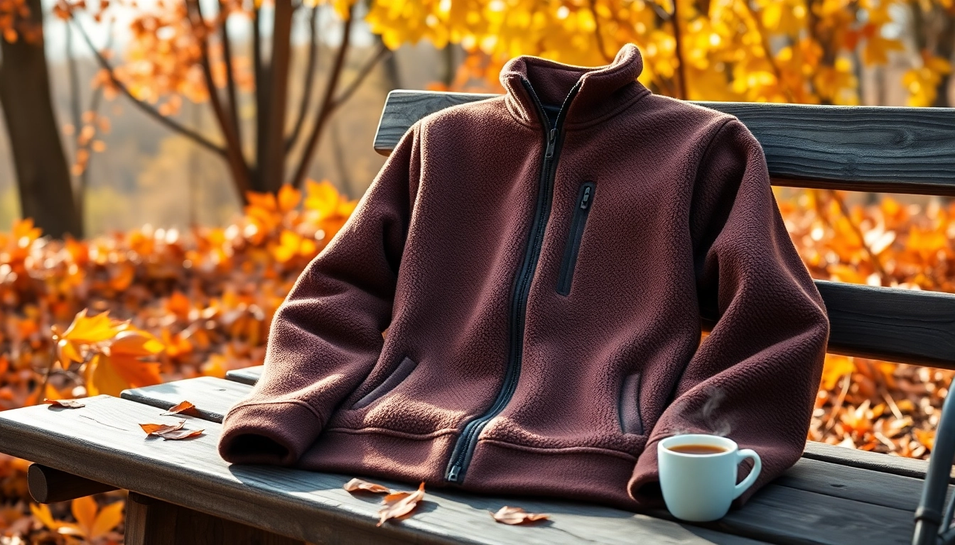 Fleece jacket on a rustic bench surrounded by autumn leaves, showcasing its warmth.