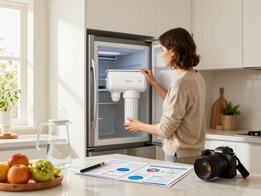 Installing Waterdrop WD-F13 Replacement for GE® MWF® Water Filter in a modern kitchen, showcasing fresh fruits and bright decor.