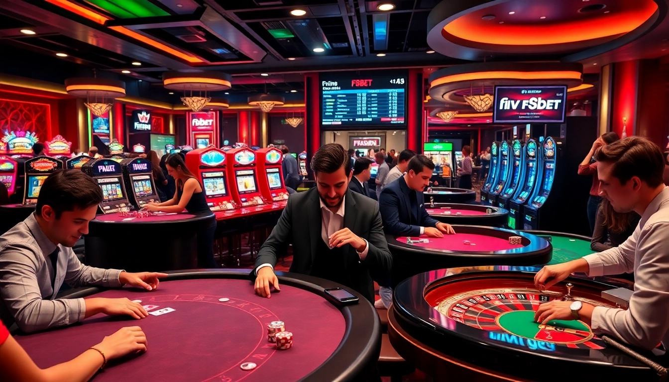 Engaged players enjoying an exciting gaming experience at F8bet casino with vibrant tables and slot machines.