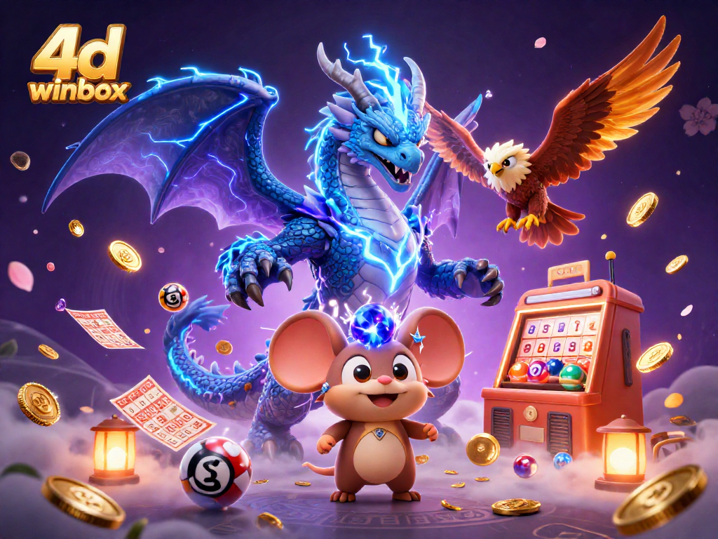 Experience thrilling fun with 4d winbox as glowing lottery balls and colorful characters collide.
