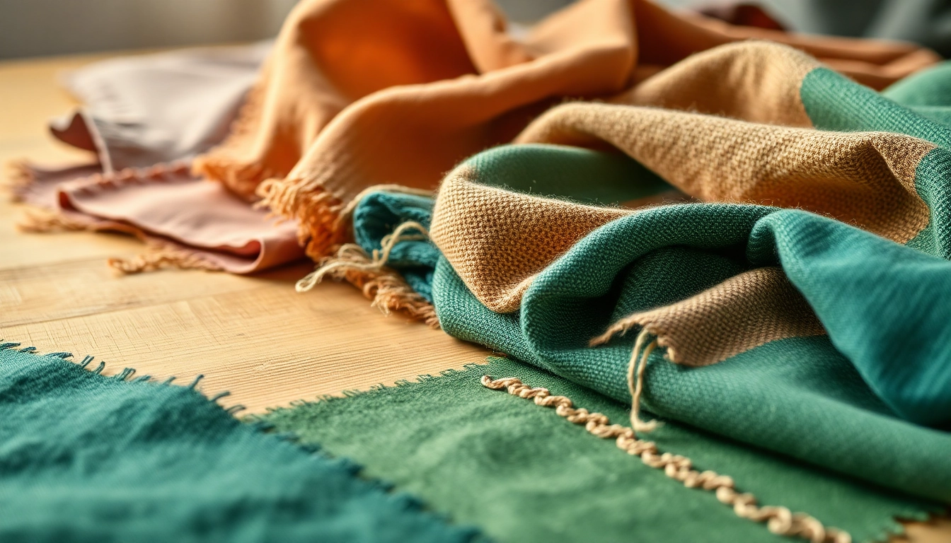 Bekijk de verschillende goedkoop canvas stoffen met unieke texturen en kleuren op een houten tafel.