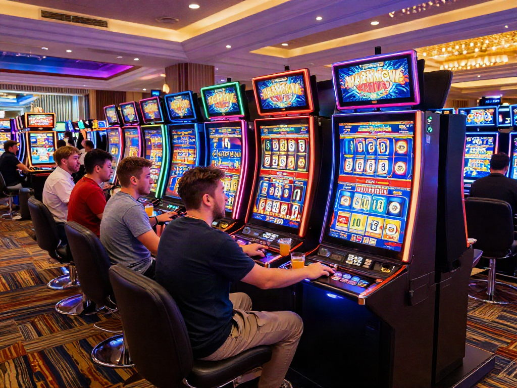 Players enjoying slot luar negeri games in a lively casino atmosphere with colorful machines.