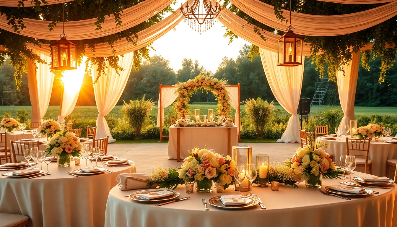 Stunning outdoor scene of Wedding & Event Rentals featuring elegant table settings and vibrant floral arrangements.