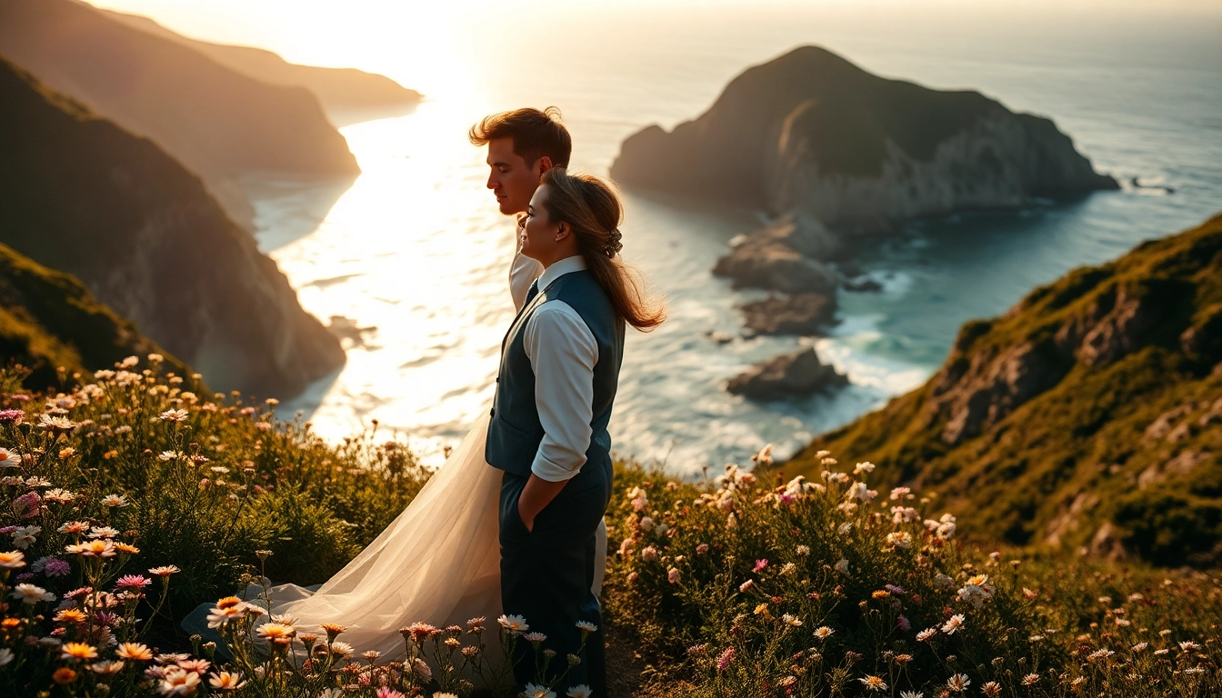 Captivating Big Sur wedding photography of a couple embracing with ocean cliffs in the background.