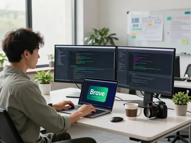 A young professional demonstrating the brave浏览器 on multiple monitors in a modern office setting.