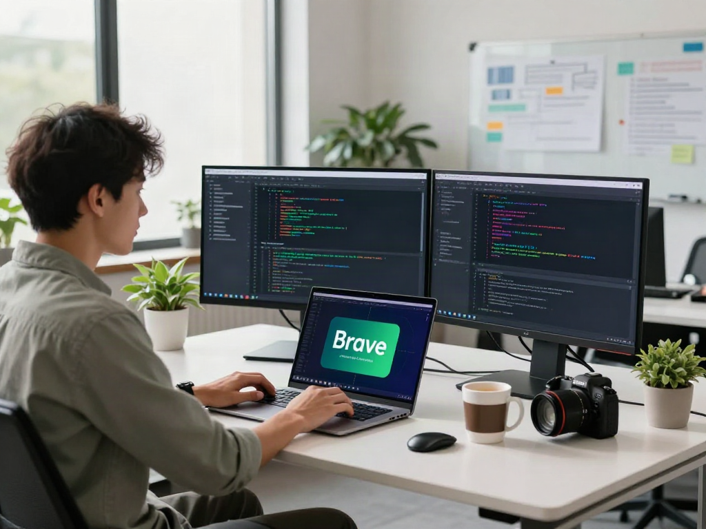 A young professional demonstrating the brave浏览器 on multiple monitors in a modern office setting.