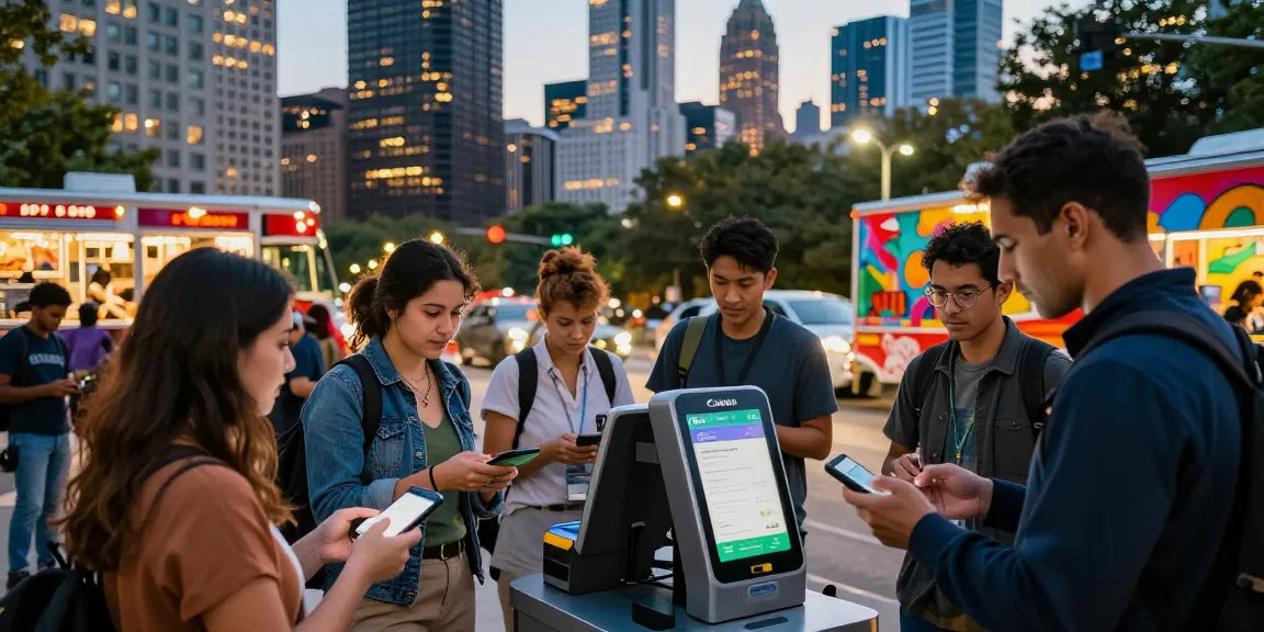 People using 시카고페이 at a busy kiosk in Chicago's vibrant urban setting.