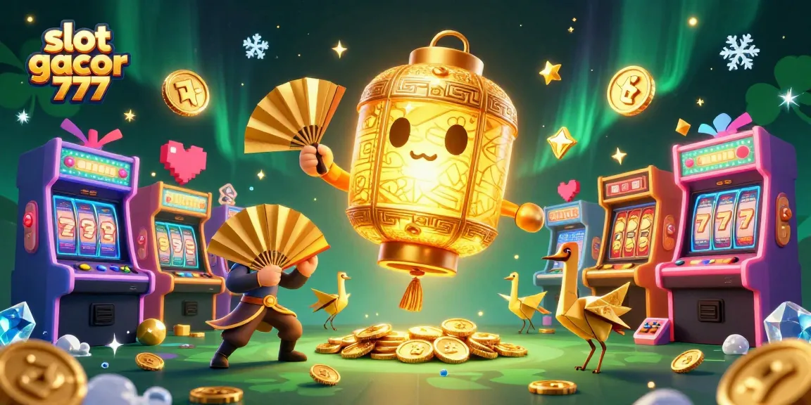 Permainan slot gacor 777 dengan karakter lampion emas dan mesin slot penuh daya tarik.