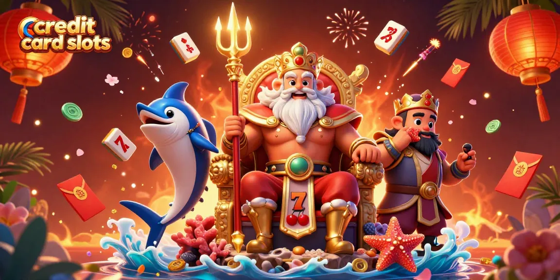 Experience thrilling credit card slots action as animated characters celebrate with vibrant casino symbols.