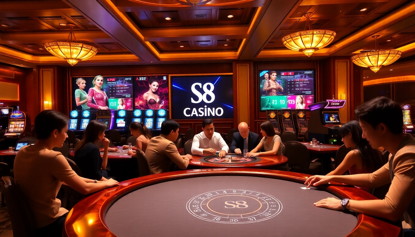 High-stakes poker action at S8 Casino with elegant players and luxurious tables.