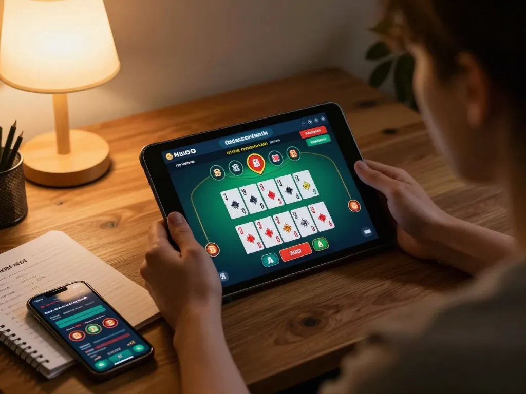 Engaging in casino online stranieri sicuri gameplay on a tablet, showcasing blackjack strategy and a cozy home setup.