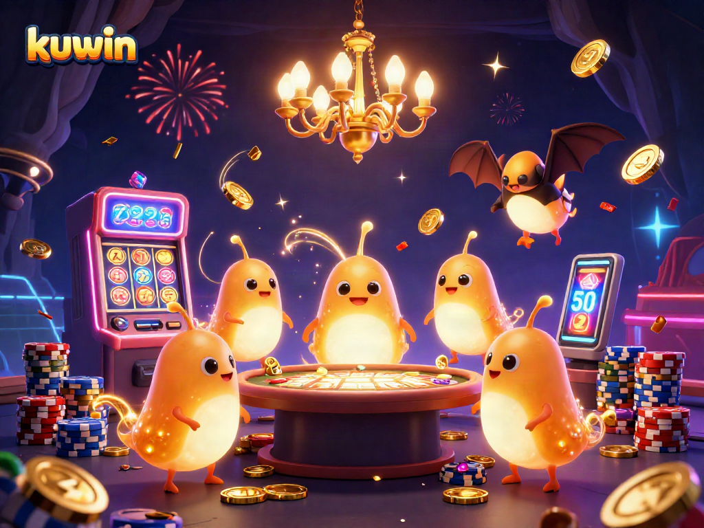 Kuwin illuminates the casino with glowworms, featuring slot machines and colorful chips.