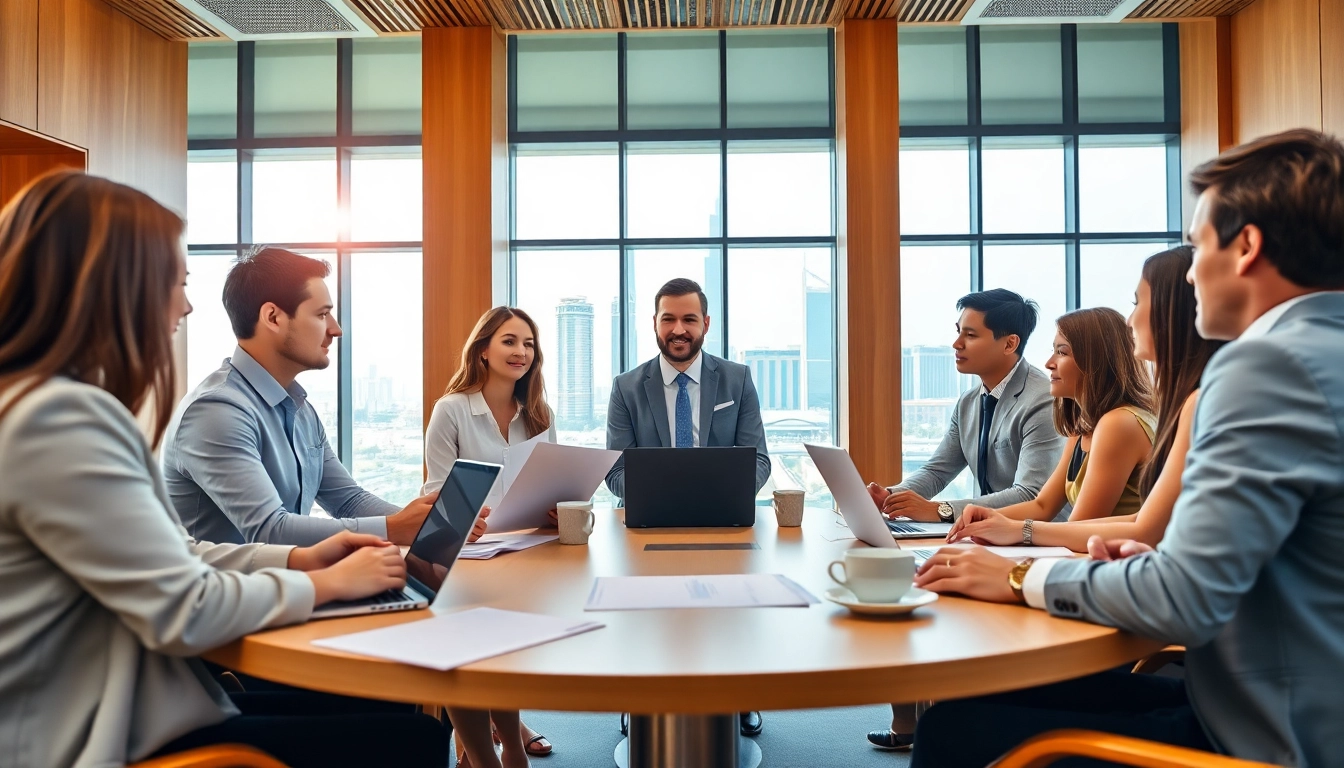 Business Consultants in Dubai collaborating with clients during a strategic meeting.