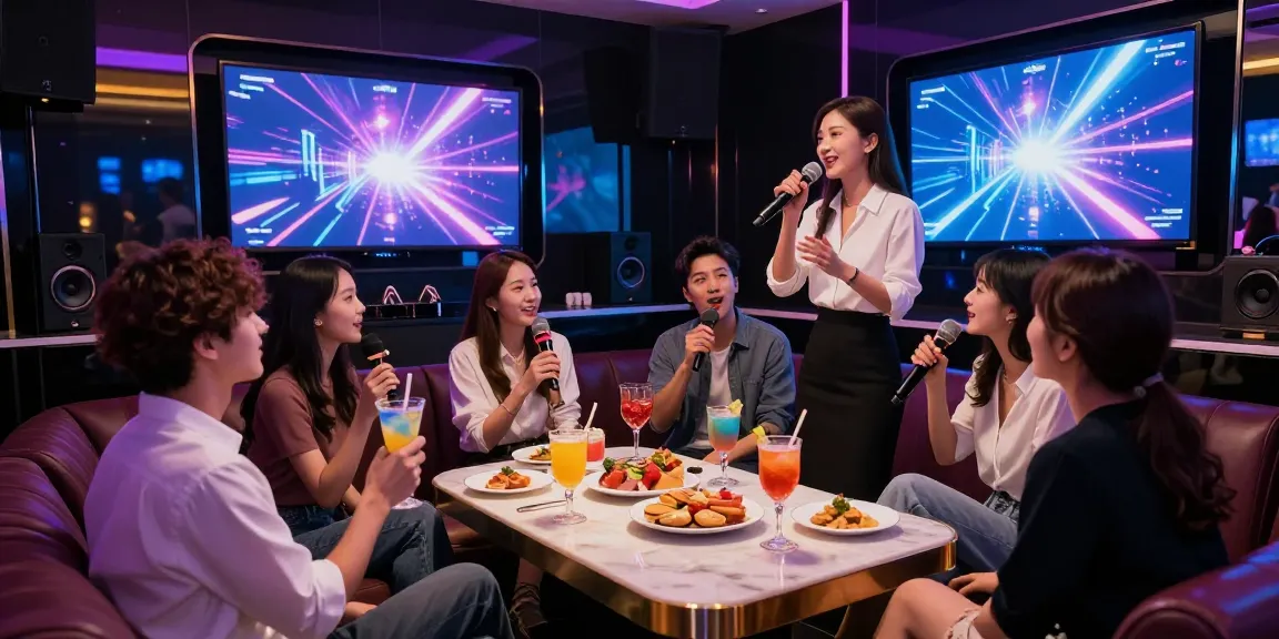 Group enjoying a night out at 강남 가라오케 with cocktails and live music.